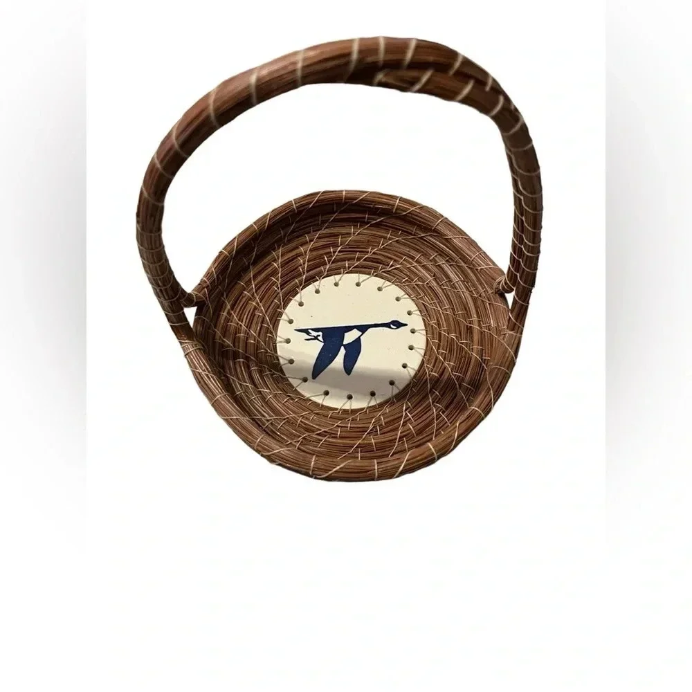 Pine Needle Handle Basket With Handpainted Ceramic Bird Plate Bottom Sig…